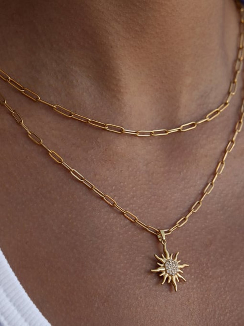 Layered Paperclip Chain Pave Sun Necklace