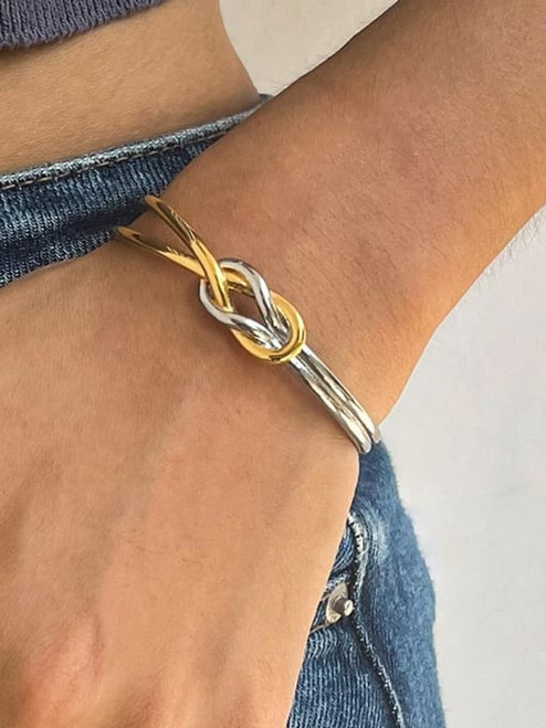 Waterproof Mixed Metals Two Tone Knotted Cuff Bracelet