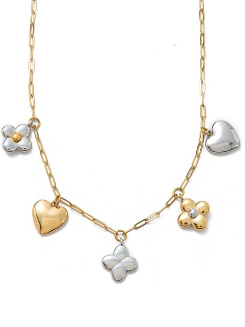 Mixed Metals Flowers Hearts Quatrefoil Necklace
