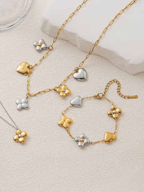 Mixed Metals Flowers Hearts Quatrefoil Necklace