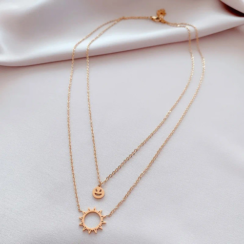 Waterproof Layered Smiley Face And Sun Necklace: Gold, Silver Or Rose Gold: LAST ONES!