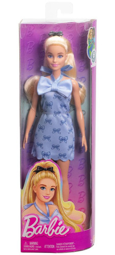 Barbie Fashionistas Doll #237 in Blue Bow Halter Dress, Blonde Ponytail With Bow Accessory