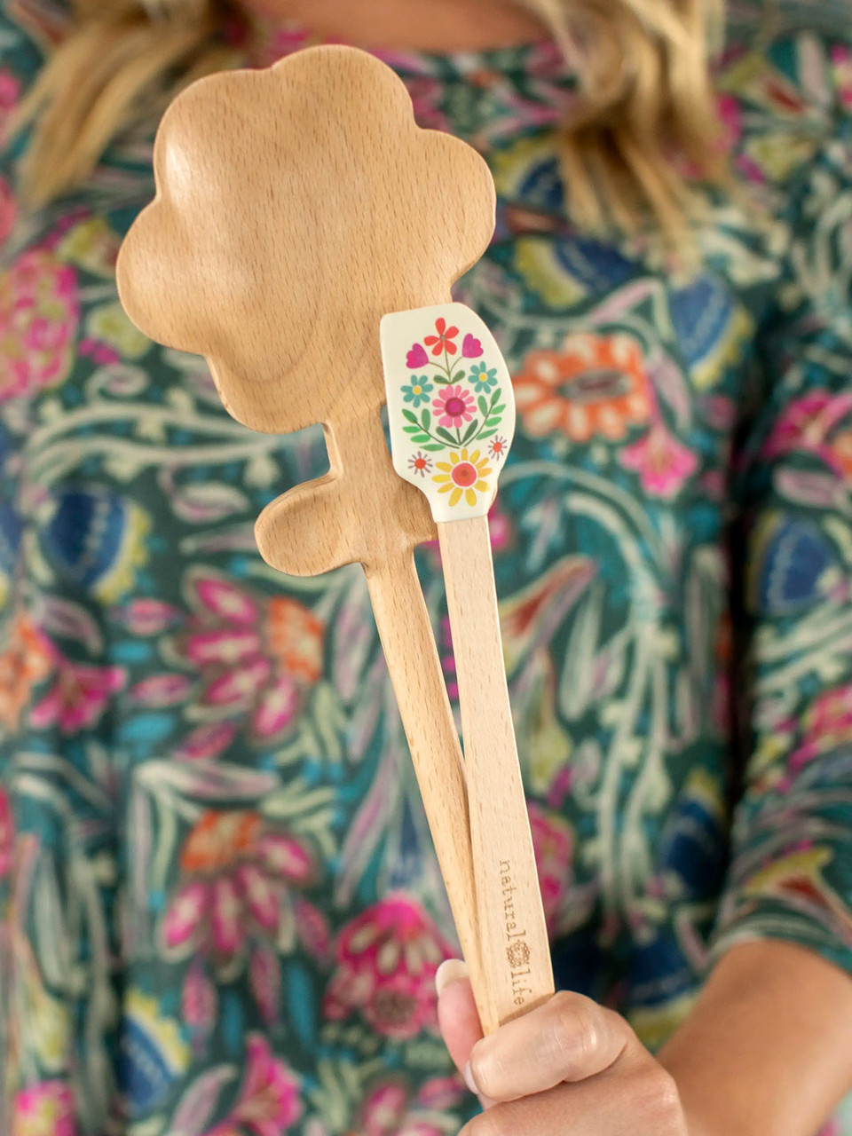 Natural Life Large Flower Wooden Spoon & Mini Silicone Spatula Set - Thumbnail 3