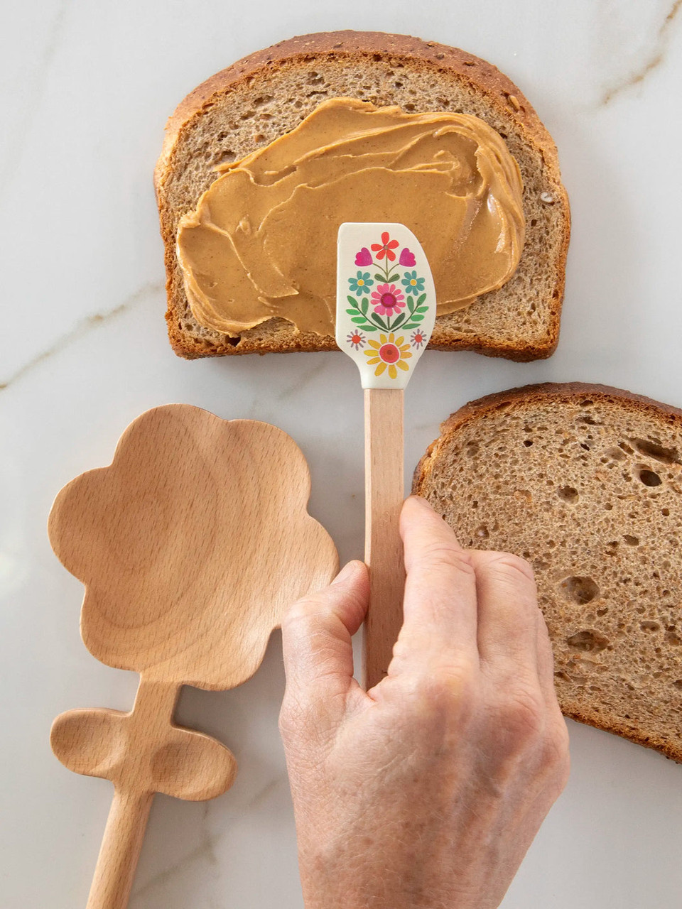 Natural Life Large Flower Wooden Spoon & Mini Silicone Spatula Set