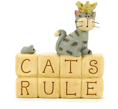 This hand-painted cast resin figurine features cat on blocks that read, "Cats Rule". The cats have wire whiskers. Measures approx 2.5" x 2.75".