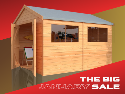 The Cabins Unlimited BIG January Sale includes this Major Apex Heavy Duty 12ft x 10ft Apex Shed whilst stocks last