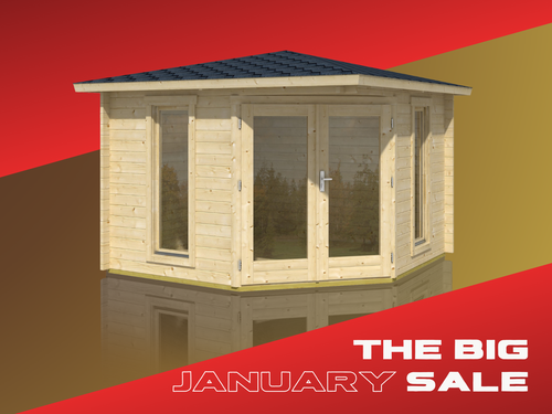 The Cabins Unlimited BIG January Sale includes the massively popular Edinburgh 140 Corner Summerhouse.  Free installation and base included as well as a huge discount on the actual cabin.