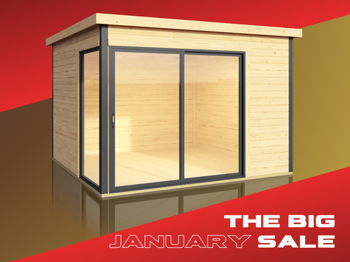 The Cabins Unlimited BIG January Sale includes the popular and modern Domeo 1 Garden Building with Aluminium double glazed Sliding Doors and includes a heavily discounted building with free installation and Base subject to stock availability