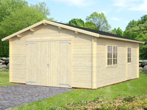 The Roger Garage 2 is built with 44mm logs and has optional standard gate doors or an up and over door. There also is a double window and single door at the side which can be positioned on either the right wall or the left wall on installation.