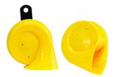 HELLA 012010821 HORN KIT BX YELLOW TRUMPE One 500 Hertz High-Tone Horn/ One 400 Hertz Low-Tone Horn; 110 Decibels; 12 Volt; 72 Watt; 3.2 Inch Trumpet; Yellow; ABS Plastic Housing; Set Of 2; With Galvanized Metal Bracket