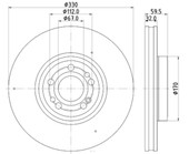 HELLA 355132331 BRAKE DISC Vented; One Piece Design; Wheel Bolt Pattern 5 x 112 Millimeter; 330 Millimeter Diameter x 59.5 Millimeter Height x 32 Millimeter Thickness; 67 Millimeter Hub Diameter; Zinc Coated Gray Cast Iron; Single