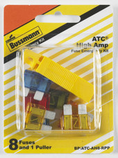 BUSSMANN BP/ATC-AH8-RPP FUSE ATC Blade Fuse; With One 10 Amp/ Two 15 Amp/ Two 20 Amp/ One 25 Amp/ One 30 Amp/ One 40 Amp/ FP-A3 Fuse Puller; Total 8 Pieces; With English/ Spanish/ French Language Blister Packaging