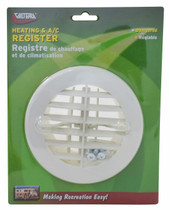 VALTERRA LLC A10-3350VP ROUND REGISTER  WHITE For 4 Inch Vent Hole; Round Register With Damper/ Louvers; White; 5-3/8 Inch Diameter; With Installation Tape and Hardware