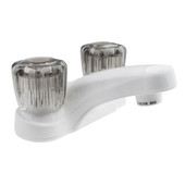 DURA FAUCET DF-PL700S-WT LAV  W/SMOKED  SWHITE Used For Lavatory; Single Piece 4 Inch Deck Mount; 2 Smoked Acrylic Knob Handle; White/ Plastic; 2 Hole Application; Washerless Cartridge Valve