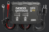 NOCO GEN5X2 2-BANK 10A ONBOARD BATTERY CHARGER For 12 Volt Batteries; 2 Bank Onboard Charger/ 5 Amp Per Bank; 120 To 240 Volt AC/ 50 To 60 Hz; 10 Amp Charging Current; 7 Inch Length x 2.2 Inch Width x 5.6 Inch Height; With Two Self-Tapping Screw