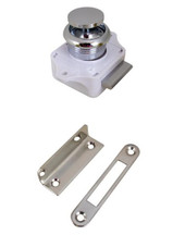 SEA DOG 224300-1 PUSH BUTTON RIM LATCH - CHROME Push Button Rim Latch; Mortise Mount; White Sturdy Plastic Housing/ Chrome Plated Brass Knob; Single; With Flat Strike Plate/ 90 Degree Strike Plate