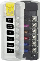 BLUE SEA 5035-BSS FUSE BLOCK STBLADE 6CIRC IND 32 Volt DC; 30 Amp Per Circuit/ 40 Amp Per Jumped Circuit Group; Uses ATO/ ATC Blade Style Fuse; With 6 Circuits/ Protective Cover; Spare Fuse Holder In Cover