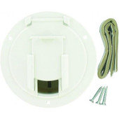 VALTERRA LLC A10-2137VP CABLE HATCH LW RND PW CD 4.6 Inch x 2.6 Inch; Round; For 3.5 Inch Cutout; Accepts Up To 50 Amp Cord; Polar White; Plastic; Not Lockable; With Frame/ Door/ Door Latch/ Installation Hardware and Tape
