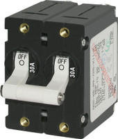 BLUE SEA 7238-BSS CIRCUIT BREAKER AA2TOGGLE 30A WHT 30 Amps/ 120/ 240 Volt AC/ 65 Volt DC; White; Double Pole Magnetic Hydraulic Type; Toggle Actuator; No 10-32 Screw Terminal; Single