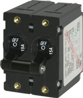 BLUE SEA 7234-BSS CIRCUIT BREAKER AA2TOGGLE 15A BLK 15 Amps/ 120/ 240 Volt AC/ 32 Volt DC; Black; Double Pole Magnetic Hydraulic Type; Toggle Actuator; No 10-32 Screw Terminal; Single