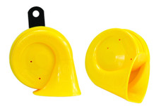 HELLA 012010821 HORN KIT BX YELLOW TRUMPE One 500 Hertz High-Tone Horn/ One 400 Hertz Low-Tone Horn; 110 Decibels; 12 Volt; 72 Watt; 3.2 Inch Trumpet; Yellow; ABS Plastic Housing; Set Of 2; With Galvanized Metal Bracket