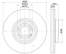 HELLA 355132331 BRAKE DISC Vented; One Piece Design; Wheel Bolt Pattern 5 x 112 Millimeter; 330 Millimeter Diameter x 59.5 Millimeter Height x 32 Millimeter Thickness; 67 Millimeter Hub Diameter; Zinc Coated Gray Cast Iron; Single