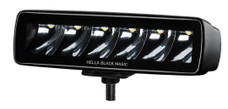 HELLA 358176211 BLACK SERIES 6LED MINIBAR SPOT BEAM LED; 6.2 Inch Length; 6 Smoke Bulb; 30 Watt/ 2.6 Amp At 12 Volt/ 1.3 Amp At 24 Volt; Spot Beam; 1600 Lumens; Smoke Lens; Black Aluminum Housing; Universal Stud Mount; With Mounting Hardware