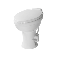 LIPPERT COMP 2022113192 FLOW MAX RV TOILET Permanent; Elongated Seat With 18 Inch Seat Height; Pedal Flush Control; Full Bowl Flush; White Ceramic With Plastic Seat/ Lid; Without Handsprayer
