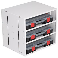 WEATHERGUARD 9960-3-01 CABINET WITH 3 PARTS CASES Shelf/ Floor Mount; 16.6 Inch Width x 15.2 Inch Height x 13.4 Inch Depth; 3 Shelves; White; Powder Coated; Steel; Non-Lockable; Stackable Cabinets With Three Small Parts Organizer Cases