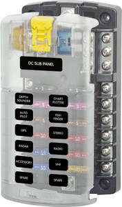 BLUE SEA 5026-BSS FUSE BLOCK ST BLADE 12CIR 32 Volt DC; 100 Amp Per Block/ 30 Amp Per Circuit; Uses ATO/ ATC Blade Style Fuse; With 12 Circuits/ Negative Bus/ Protective Cover