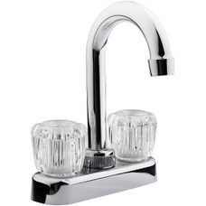 DURA FAUCET DF-PB150A-CP RV BAR FAUCET-CHR Used For Bar; Single Piece 4 Inch Bar Deck Mount; 6 Inch Hi-Arc Spout; 2 Clear Crystal Acrylic Knob Handle; Chrome Plated/ Plastic Body/ Brass Spout; 2 Hole Application; Washerless Cartridge Valve