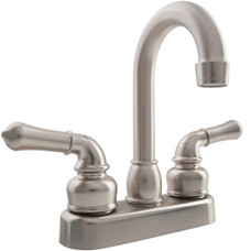 DURA FAUCET DF-PB150C-SN CLASSICAL RV BAR FAUCET Used For Bar; Single Piece 4 Inch Bar Deck Mount; 6 Inch Hi-Arc Spout; 2 Teapot Classical Handle; Brushed Satin Nickel Plated/ Plastic Body/ Brass Spout; 2 Hole Application; Washerless Cartridge Valve