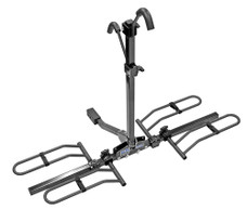 REESE 63134 Q-SLOT  TRAILER HITCH BIKE CARRIER 1-1/4 Inch And 2 Inch Receiver Hitch Mount; Holds 2 Bikes; Up To 90 Pound Weight Capacity; Bike Tire Clamp; Without Lock; Foldable; Powder Coated Black; Steel; With Bolt On Shank Adapter