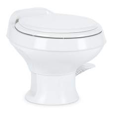 DOMETIC 302301671 301-SS /RT/WHITE Permanent; Round Seat With 13-1/2 Inch Seat Height; Pedal Flush Control; Triple-Jet Bowl Rinse; White; Plastic; 15-1/2 Inch Height x 16 Inch Width x 19-3/4 Inch Depth; Without Hand Sprayer
