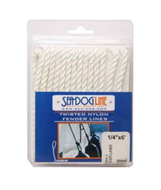 SEA DOG 302106006WH-1 DOUBLE BRAIDED FENDER LINE 1/4 Double Braided; 1/4 Inch Diameter x 6 Foot Length; White; Premium Nylon; Set Of 2; 290 Pounds Working Load Limit/ 1330 Pounds Breaking Strength; 2 Inch Spliced Eye End