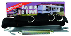 JR PRODUCTS 09253 25' AWNING TIE DOWN Used To Protect Awning From Wind And Rain; Fits Awnings Up To 25 Foot; 2 Inch Polypropylene Webbing; With Two 15 Inch Steel Stakes/ 8 Inch Tension Spring/ 3 Inch And 38.5 Inch Strap; Single
