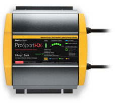 PRO MARINER 44006 PROSPORT HD 6 AMP 1-OPMARINE BC For 12 Volt Marine Batteries; 1 Bank Charger; 120 Volt Power Supply; 5 Step Fully Automatic; 6 Amp Charging Current; 7.7 Inch Length x 7.9 Inch Width x 2.9 Inch Height; Waterproof; 6 Feet Length Cable
