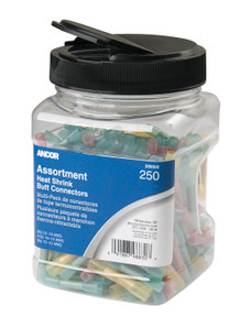 ANCOR 309000 HS BUTT CONNECTOR250 PACK JAR Assorted Heat Shrink Butt Connectors; (50) 22-18 Gauge Wire/ (150) 16-14 Gauge Wire/ (50) 12-10 Gauge Wire; 250 Piece; With Reusable Jar