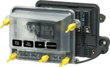 BLUE SEA 5056100-BSS FUSE BLOCK STBLADE H2O 4CIRC FUSE M 32 Volt DC; 80 Amp Per Block/ 25 Amp Per Circuit; Uses ATO/ ATC Blade Style Fuse; With Protective Cover
