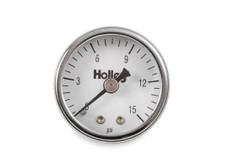 HOLLEY 26-500 26-500 FUEL PRSSURE GAUGE 1-1/2 Inch Diameter; Full Sweep Mechanical; 0-15 PSI; Analog Display; White Face; Chrome Bezel; Black Needle; With Elbow Fittings