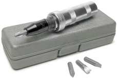 PERFORM TOOL W2500P IMPACT DRIVER Used For Loosening Firmly Tightened Or Rusted Screws/ Bolts; 3/8 Inch Drive; With #2 And #3 Phillips/ 5/16 Inch And 3/8 Inch Slotted Bits/ Storage Case; 4 Pieces