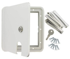 VALTERRA LLC A10-2151VP ELECTRICAL HATCH LG PW CD 8.5 Inch x 8 Inch x 1.5 Inch; Square; For 6.4 Inch x 6.8 Inch Cutout; Accepts Up To 50 Amp Cord; White; Plastic; Lockable; With Frame/ Door/ Locking Door Latch/ Installation Hardware and Tape