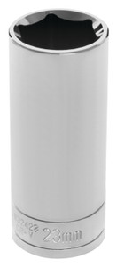 PERFORM TOOL W32423 SOCKET DP 23MM WILMAR 1/2 Inch Drive; 23 Millimeter; Metric; Deep Socket; 6 Point; Polished Nickel Chrome Plated; Vanadium Alloy Steel; Single