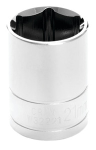 PERFORM TOOL W32221 SOCKET 21MM 1/2 Inch Drive; 21 Millimeter; Metric; 6 Point; Polished Nickel Chrome Plated; Vanadium Alloy Steel; Single