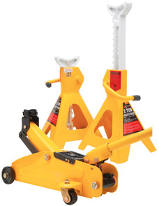PERFORM TOOL W1605 JACK/STAND-TROLLY Floor Jack; Hydraulic; 4000 Pound Capacity; 13 Inch Max Lift Height; Yellow; Steel; With Two 4000 Pound Capacity/ 16-3/8 Max Lift Height Ratcheting Jack Stands