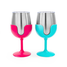 CAMCO 51915 LIBATC  WINE TUMBLER SET (BLUE/PINK Wine Glass; 18/ 8 Grade Stainless Steel With BPA Free Lid; With 1 Blue And 1 Pink Removable Stem; 8 Ounce; Vacuum Insulated; 2 Pack
