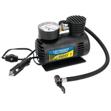 PERFORM TOOL 60399 TIRE INFLATOR Electric Pump; 250 Pounds Per Square Inch Range; With Analog Gauge; 18 Inch Hose Length; Black; With Two Nozzle Adapters And Sport Needle; 12 Volts; 10 Foot Power Cord; Handy On/Off Switch