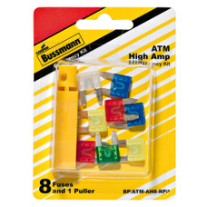 BUSSMANN BP/ATM-AH8-RPP FUSE ATM High Amp Blade Fuse; With Two 10 Amp/ Two 15 Amp/ Two 20 Amp/ One 25 Amp/ One 30 Amp/ FP-A3 Fuse Puller; Total 8 Pieces; With English/ Spanish/ French Language Blister Packaging
