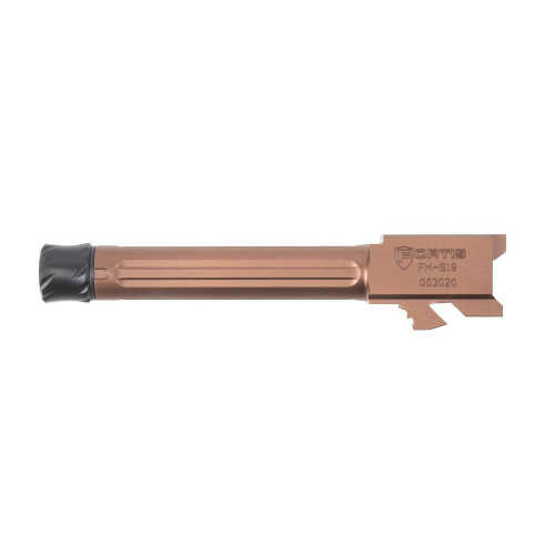 Fortis Manufacturing, Inc. Match Grade Barrel, Threaded Fluted Barrel, 9MM, 4", Fits Glock 19 Gen 1-5 and 19X, Copper Finish, Threaded, Titanium Copper Nitride FM-G19-TB-CPPR