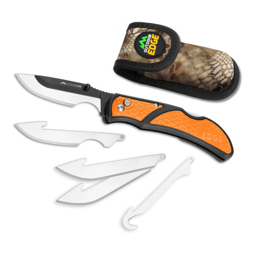 Outdoor Edge Razorcape, Folding Knife, Plain Edge, 3" Blades, Black Oxide Finish, 420J2 Stainless Steel, Orange Handle, Includes (2) Caping Blades, (2) Drop Point Blades, and (1) Gutting Blade RCB30-10C